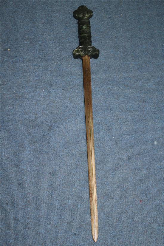 A Chinese jadeite, coral and hardstone mounted silver sword, early 20th century, total length 90cm.